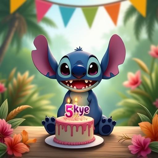 Happy Stitch character in a tropical park. Sitting with a birthday cake featuring number 5. Name Skye on the cake. Surrounded by tropical flowers and colorful flags in background.
