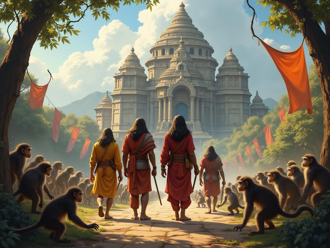 The scene depicts a grand, ancient temple with elaborate architecture in the background. Four figures stand at the forefront, seemingly heroes from a storied epic, dressed in traditional attire. They are accompanied by a swarm of monkeys that surround them, suggesting they are in a vibrant and lively setting. The figures appear determined as they look towards the temple, implying a sense of purpose or journey. The atmosphere is filled with light, suggesting a hopeful or triumphant moment. The environment includes lush greenery, and colorful flags are flying in the breeze, adding to the festive ambiance.