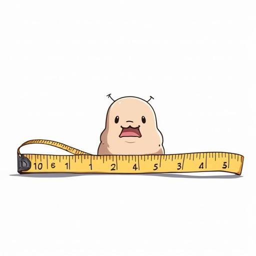 Character resembling a simplified creature next to a measuring tape on a white background. Anime style illustration.