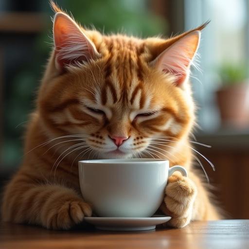 Cat with orange fur resting its head on a white mug of coffee. Cat appears to be feeling low or sad. Morning light coming from window creates warmth.