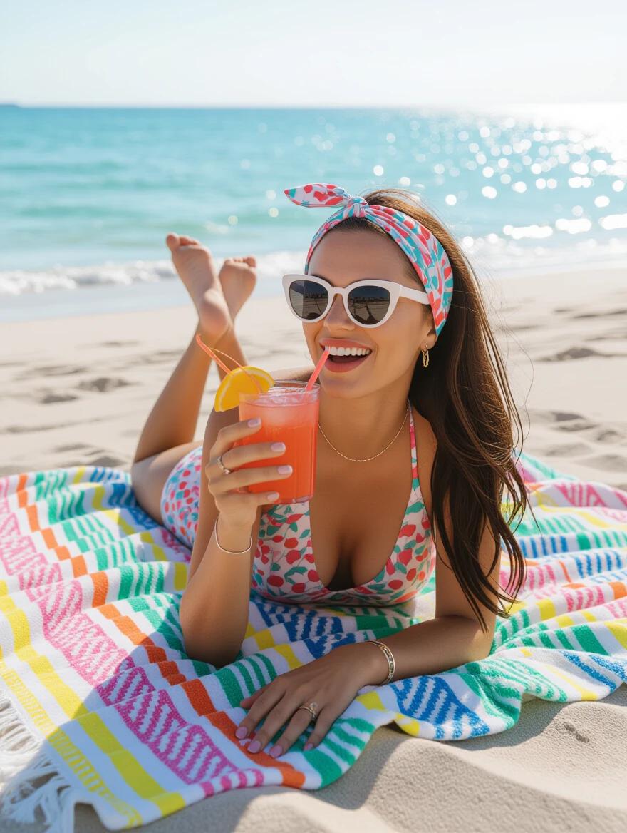 A woman lies on a colorful towel on the beach. She enjoys a refreshing cocktail. Bright sun shines in the background. She wears sunglasses and a hair band. The ocean glistens nearby.
