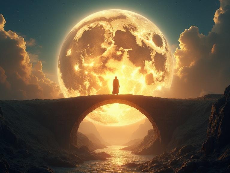 A glowing bridge leads from Earth to heaven with a human figure crossing it. The scene is symbolic with golden and blue colors capturing a mystical essence. The focus is on the large glowing moon in the background creating an enchanting view.