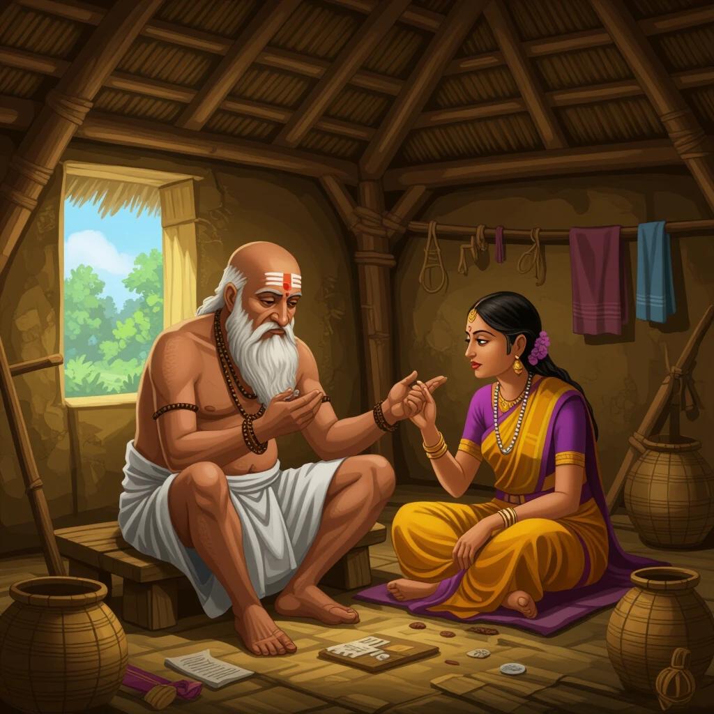 Illustration of Sudhama, a bald Brahmin in simple clothes, with his wife in a poor hut. They discuss their financial struggles.