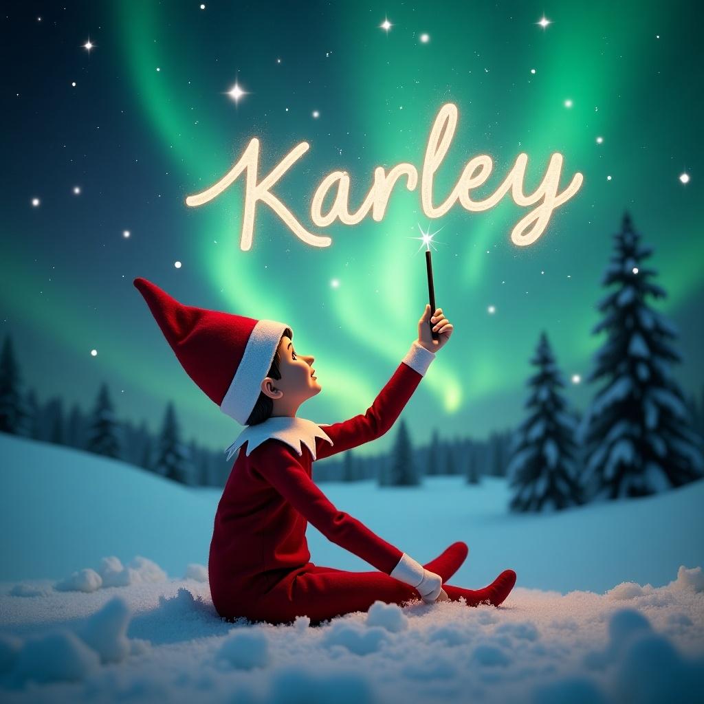 Elf on the Shelf sits on snowy landscape. Elf gazes at sky writing 'Karley' with magic wand. Northern lights create a magical ambiance. Red outfit contrasts with snow. Scene captures enchantment of holiday season.