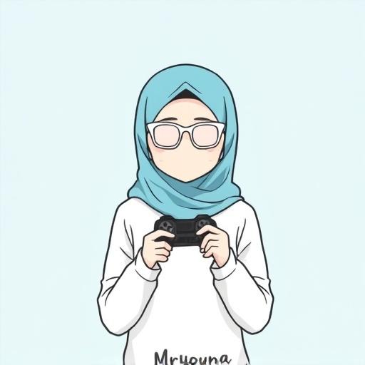 Minimal anime-style illustration of a faceless girl with hijab and glasses. She holds a game controller and a presentation clicker. Features clean lines and soft colors. Text 'Mryouma' in handwritten style below. Suitable for educational content.