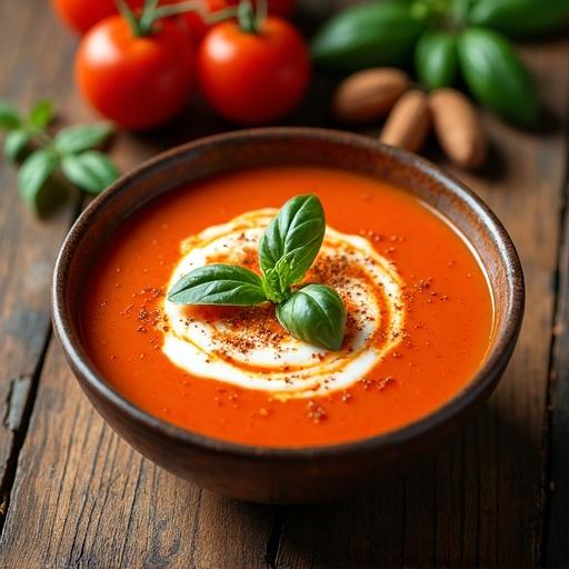 Creamy tomato soup in a rustic ceramic bowl. Garnished with sour cream and basil. Served on a wooden table. Captured from a top-down angle. Soft shadows and photorealistic textures.