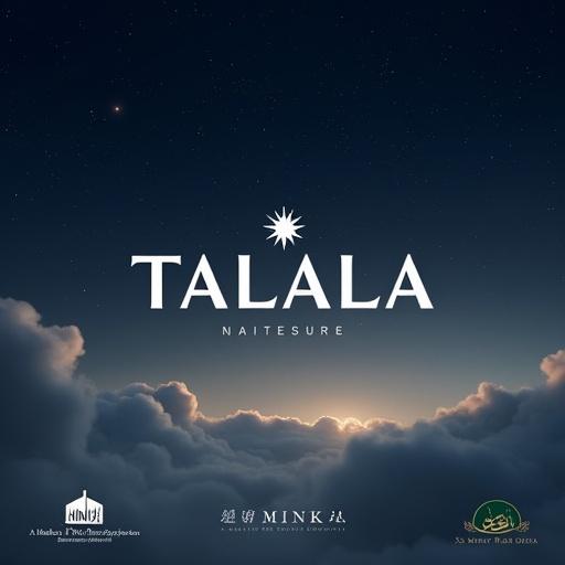 Minimalist futuristic real estate poster. Dreamy starry night sky with soft nebula-like clouds. Shades of dark blue and grey. Centered word 'TALALA' in bold white geometric font. Bright simple 8-pointed star above second 'L'. Bottom left has small logo 'MINKA – A Madinet Masr Signature Community' with upward arrow. Bottom right has Arabic logo in green and gold. Clean elegant professional layout.