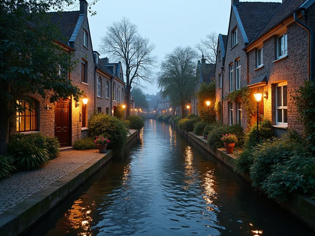 A tranquil evening scene with a canal lined by charming brick houses, illuminated by street lamps, with reflections in the water.