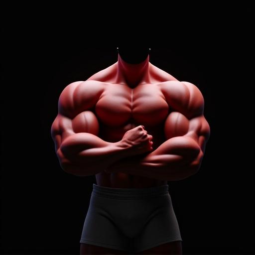 Muscles are showcased against a black background. The style is akin to Pixar's 3D visuals, emphasizing body definition and strength.