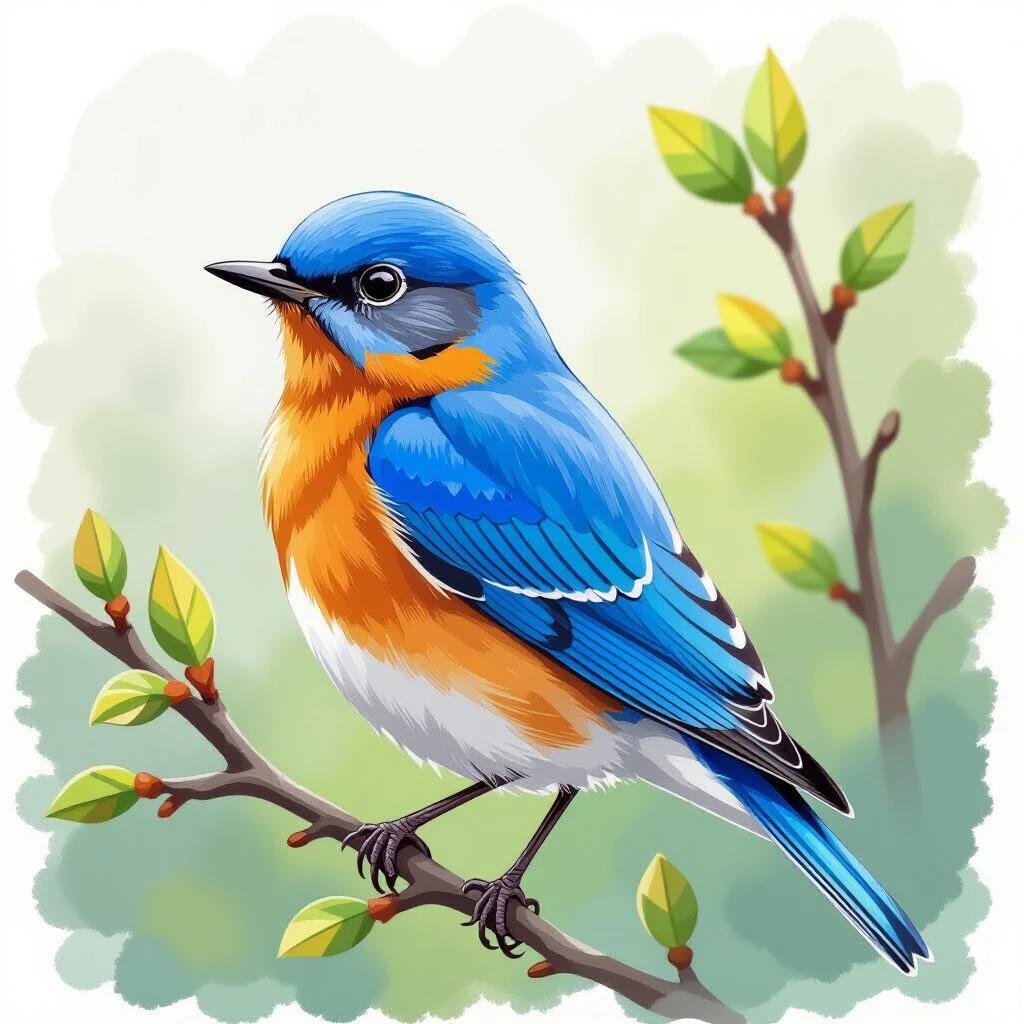 A bluebird illustration created with markers. The bluebird features vibrant blue and orange colors with a soft background. The bird is perched on a branch with green leaves.