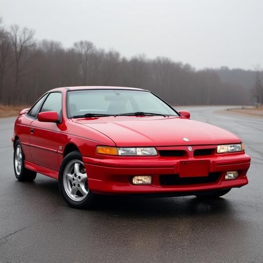 Pontiac version of the 1991 Opel Calibra parked on a wet tarmac road. The car is vivid red parked while trees surround in a blurred background. Headlights switch on. The tires are shiny due to rain.