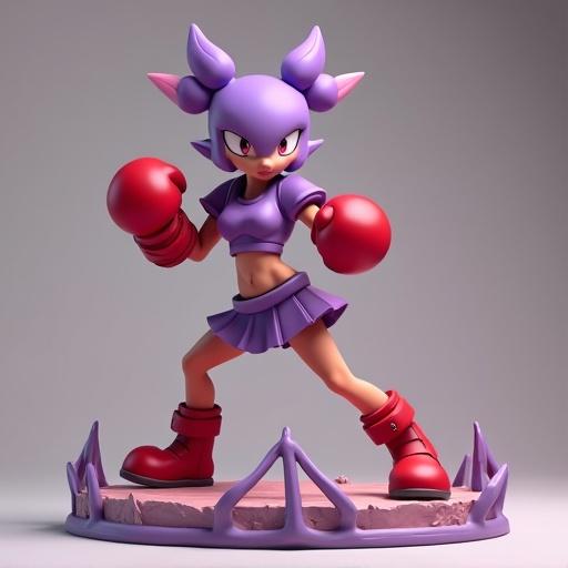 Stylized 3D resin figure of a muscular female boxer in an attacking pose. Wears a purple boxing outfit with red gloves and boots on a battlefield-like base.