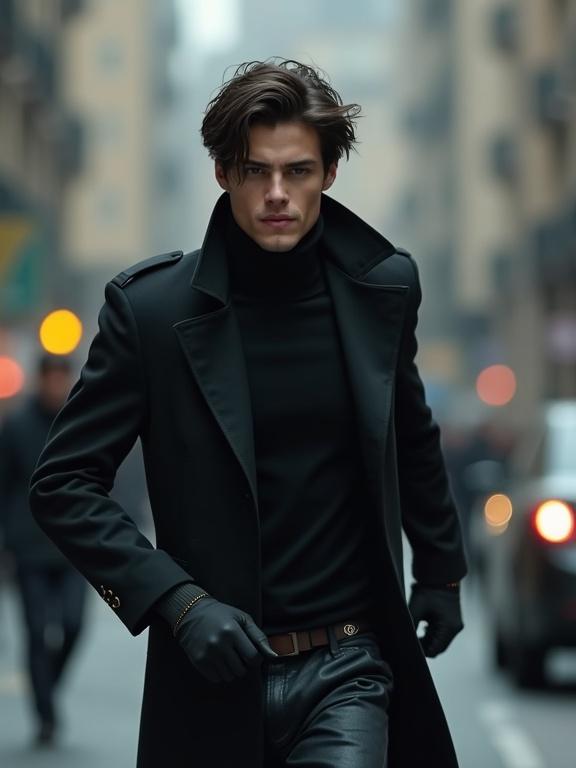 Photorealistic cinematic image of a young European man with dark hair running through an urban setting. He wears modern clothing suitable for an assassin. The scene captures a sense of urgency and dynamic movement.
