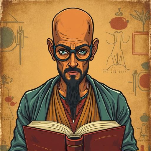 A vintage artwork depicting a man with big eyes and bald head. He has Egyptian like facial features. He is reading a book. The artwork features strong outlines and flat colors. The background is vintage looking with ancient drawings.