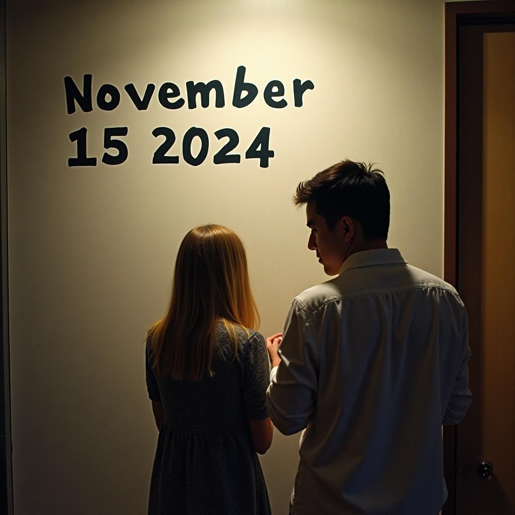 Image shows a date on a wall. Text reads 'November 15 2024'. Two people are positioned beside the text in a soft-lit environment.