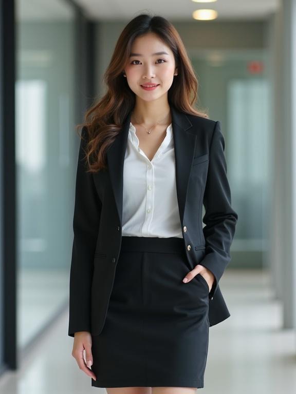 photo of woman in office attire with subtle grin and brown eyes. Curvy physique with apple hips. Dressed in short skirt suit.