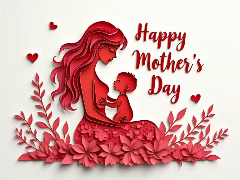 Layered paper cut artwork depicting a mother with long wavy hair holding her baby. The text reads Happy Mother's Day. Design features intricate cutouts and a floral arrangement at the base.