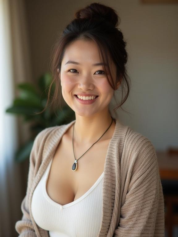 Image features a beautiful Japanese woman around 40 years old. She wears a beige cardigan over a white tank top. The focus is on her deep neckline and a necklace. The lighting is soft and gives a warm feel. The photo has a casual, unpolished aesthetic, typical of early cellphone captures.