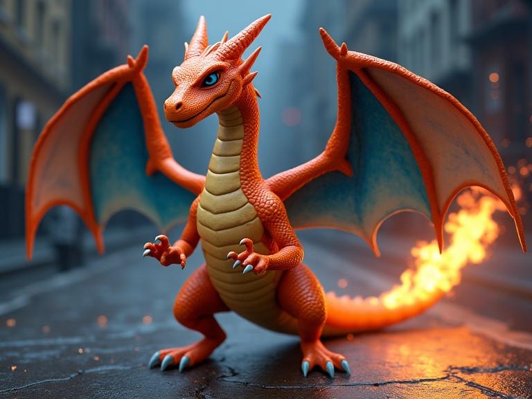 Ultra realistic depiction of Charizard. Biological full body view with vibrant orange scales and textured skin. Detailed blue wings, glowing blue eyes. Fiery tail emitting sparks and smoke. Ferocious expression with sharp claws. Standing on dark reflective surface. Studio lighting creating dramatic shadows. 3D rendered high resolution digital art. Flying above the city.