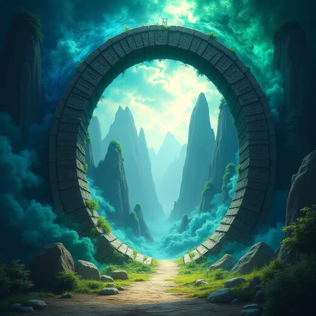 The image showcases a mystical portal set in a lush, ethereal landscape. Rugged mountains rise majestically from the ground, creating a dramatic backdrop. The circular portal, intricately designed, glows softly with an inviting light. A winding path leads through the portal into the unexplored realms beyond. The entire scene is bathed in vibrant greens and blues, giving it a magical and surreal feel.