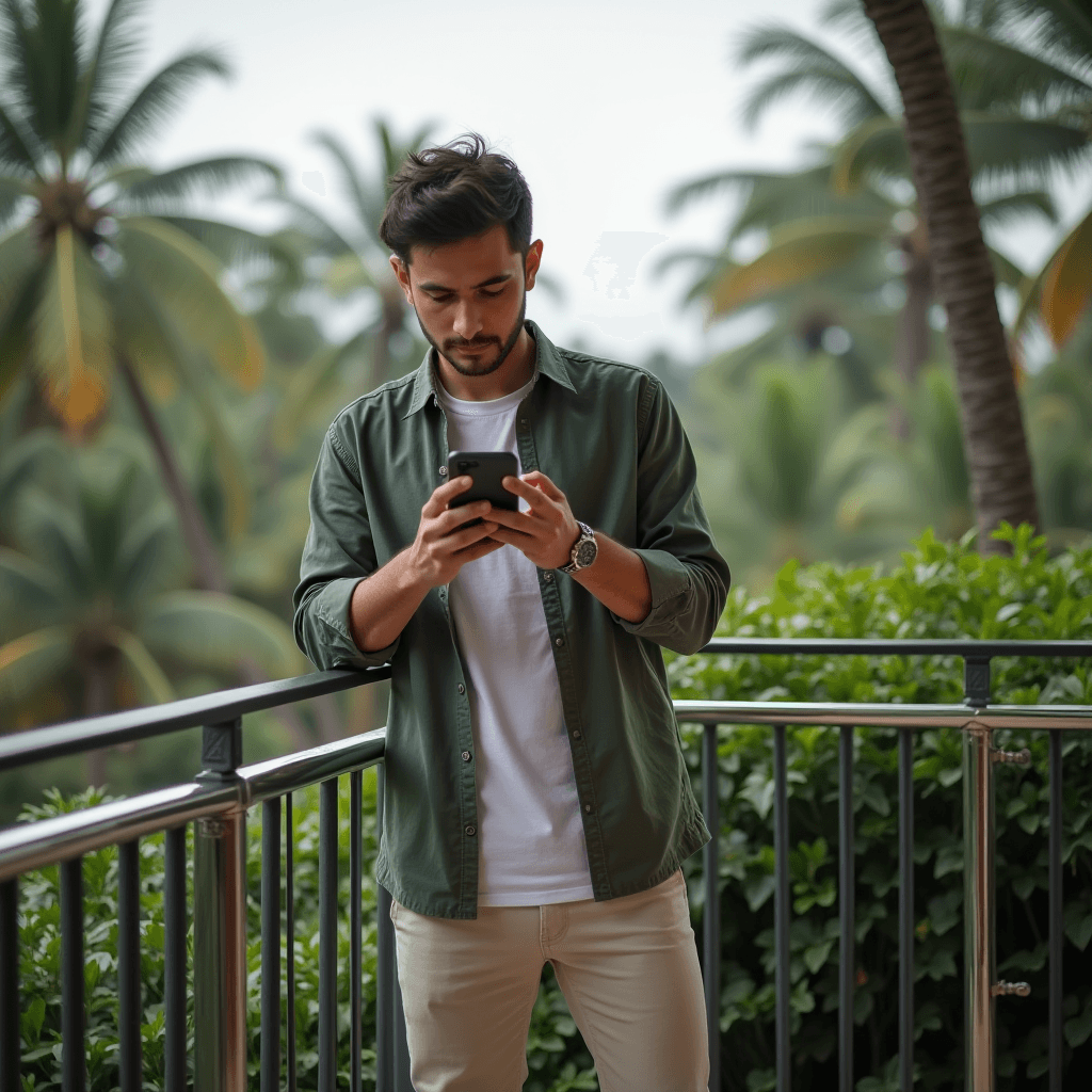 A person stands on a tropical balcony, engrossed in their smartphone, with lush greenery and palm trees in the background.