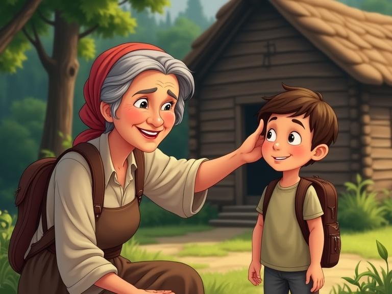 Cartoon scene of an elderly woman and a young boy in front of a small wooden cabin. Woman has a warm smile and wears a scarf and rustic dress. Boy looks innocent and carries a backpack. Grandmother strokes the boy's head.