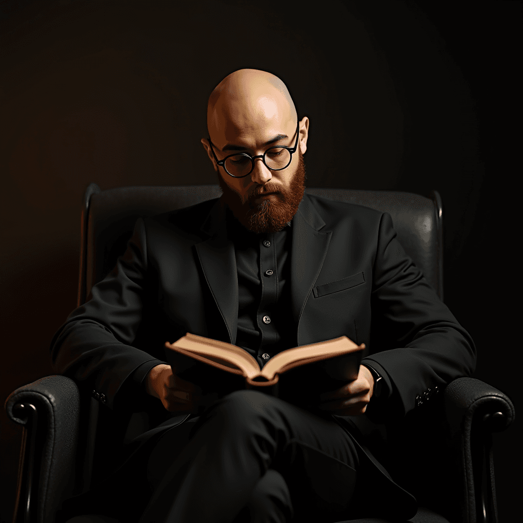 A bearded man with glasses, dressed in a black suit, sits focused in an armchair reading a book against a dark background.