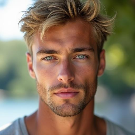 Professional medium close-up hyperrealistic image of a handsome young man. Muscular and tan skin. Tousled blonde hair. Bright blue eyes. Outdoor setting with natural lighting. Background softly blurred. Neutral expression with a hint of smile. Elongated diamond-shaped face. High cheekbones, sculpted nose, defined jawline, and stubble. Deepset hooded eyes with relaxed brows. Muscular physique with broad shoulders. Soft layered blonde hair with highlights.
