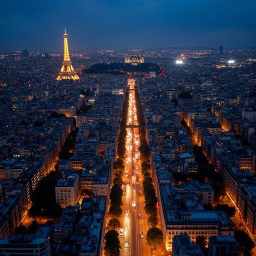 Birdseye view of the city of Paris at night with illuminated buildings and streets.