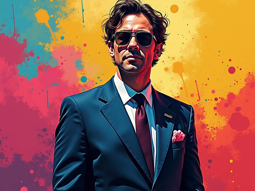Exciting digital art piece featuring an elegantly dressed man in a suit. The suit has a name tag reading 'DAGO'. Bright splashes of color surrounding the figure. Showcases a blend of colorful artistic expression with contemporary fashion. An exploration of personal and modern art styles.