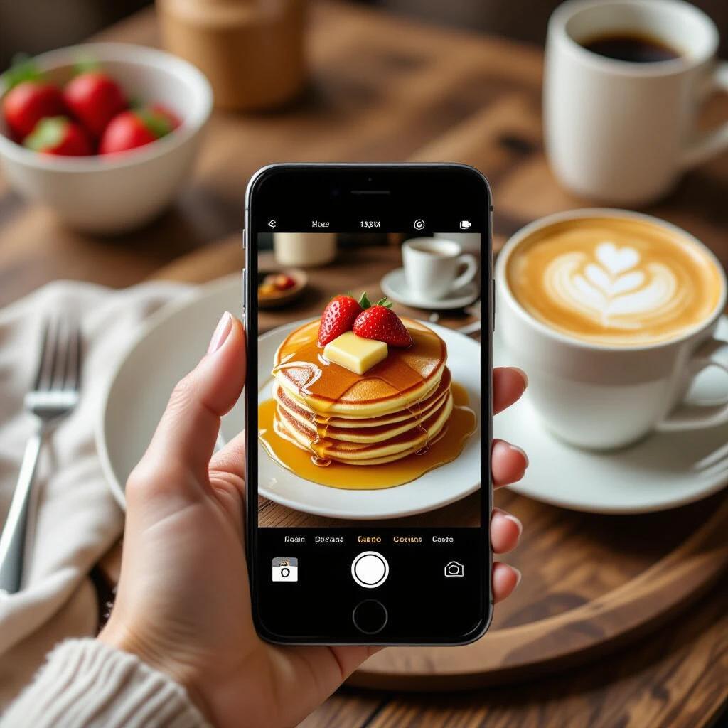 Hand holds smartphone. Capturing photo of breakfast plate. Pancakes topped with syrup and butter. Fresh strawberries on top. Cup of cappuccino nearby. Warm and cozy morning ambiance. Top-down view with shallow depth of field. Natural soft lighting accentuates colors.