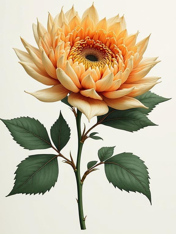 A detailed illustration of a single Arnold's bouquet. The flower features intricate petals in shades of orange. Green leaves accompany the flower on a leafy stem. Background is light and neutral to enhance the flower's details.