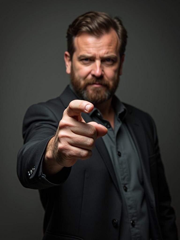 A man in a suit points directly at the camera with an assertive gesture. He has an authoritative presence while dressed in formal attire. The background is minimalistic and dark to emphasize the subject. This is a dramatic portrayal of communication and engagement.