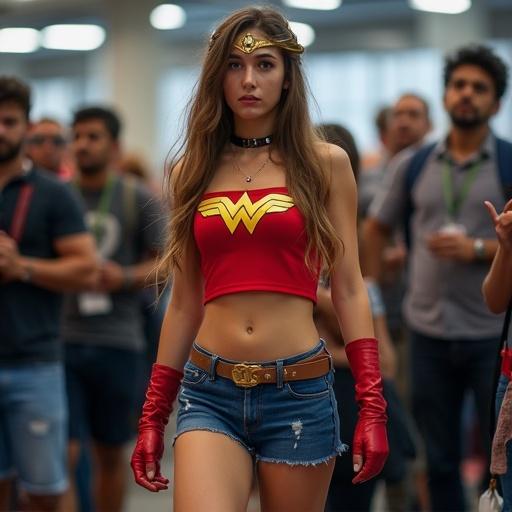 Photo of a young woman in a superhero costume at a comic convention. Young woman wears a red and gold Wonder Woman outfit. She is surrounded by men who are watching her. Scene captures the excitement of cosplay culture.