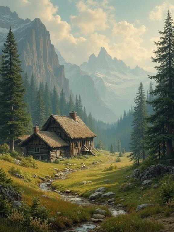 Landscape painting showcasing a homestead in a cozy valley surrounded by a broadleaf forest and mountains in the background. Features a serene stream flowing, with an emphasis on atmospheric qualities. Inspired by multiple renowned artists noted for their unique styles.