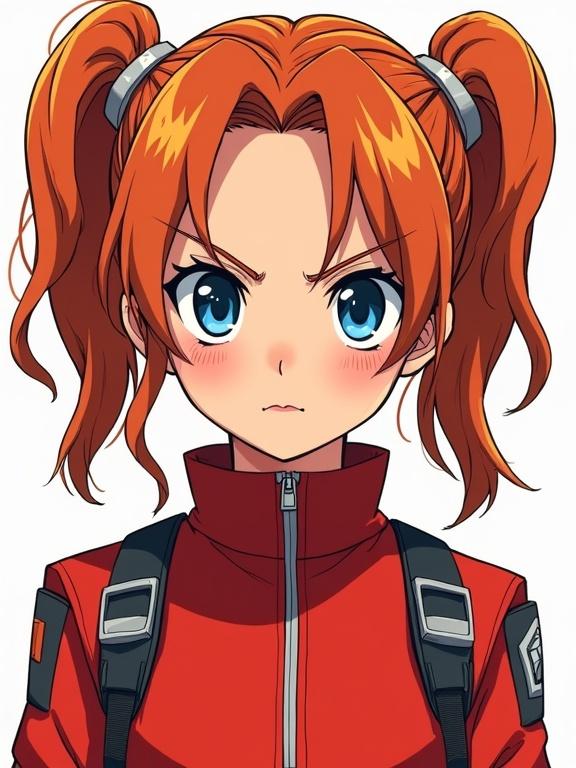 Portrait of a 14-year-old girl with a strong character. She has an oval face with defined features. Her hair is vibrant red styled in two high pigtails. She wears a fitted pilot suit in red with orange and white details. Her eyes are large and bright blue. The style is classic 90s anime with clean lines and cel-shading.