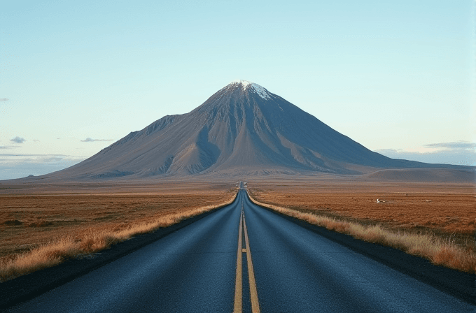 A straight, deserted road leads directly to a majestic, snow-capped mountain under a clear sky.