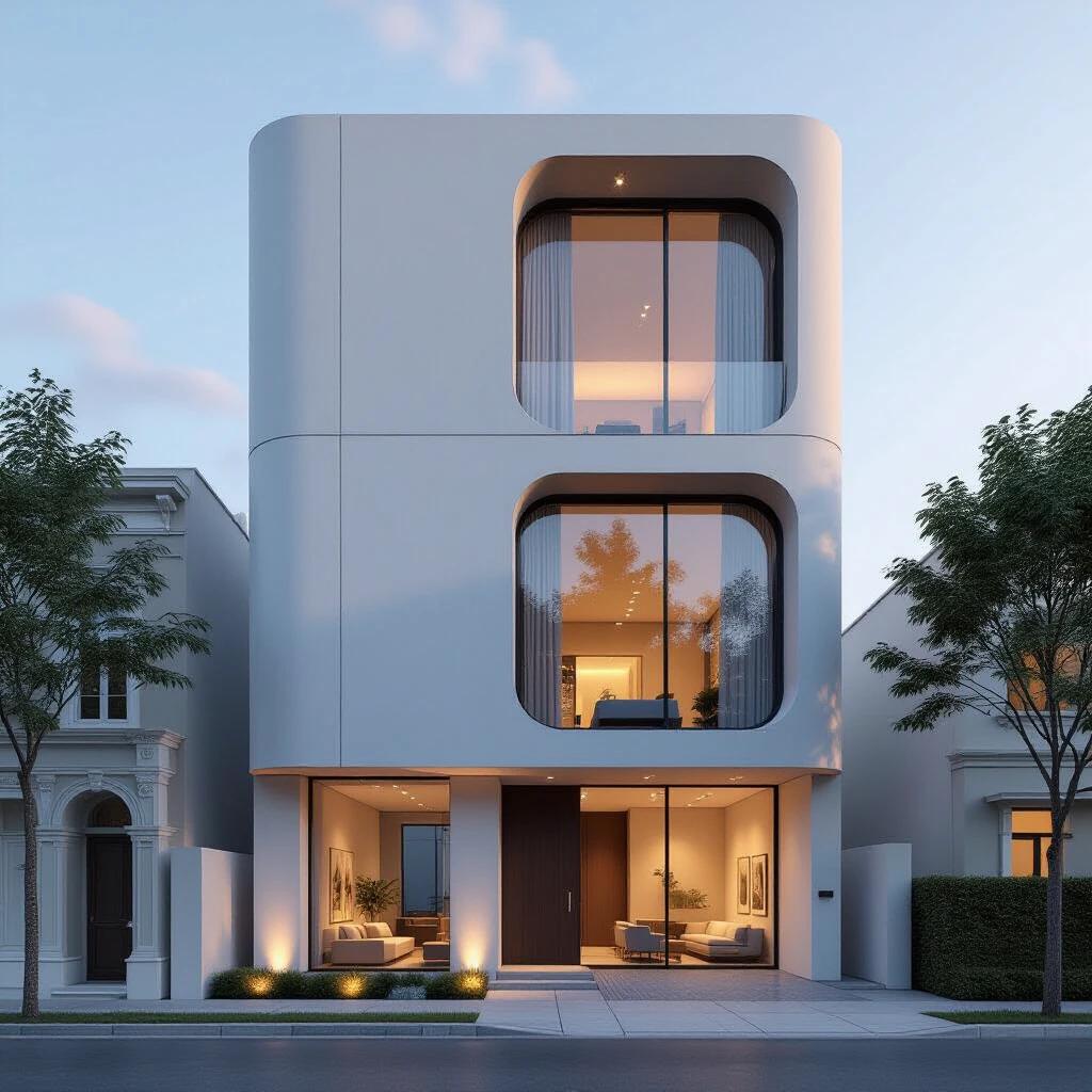 A photo-realistic rendering of a modern monolithic minimalist townhouse. The building is three stories tall with a slim rectangle shape. Curved edges define the structure. A large tall narrow glass window cutout is centrally located, serving as windows on the second and first floors and a door on the ground floor.