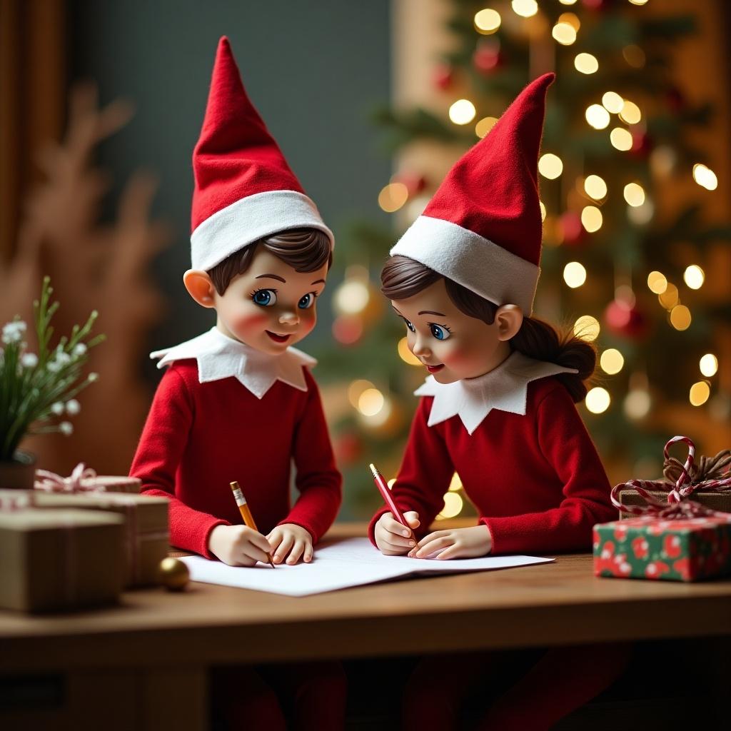 This image features a boy and girl elf on the shelf in a cozy Christmas scene. They are sitting at a wooden table, eagerly writing something down. The girl is likely writing the name 'Charlotte' as part of their holiday tasks. Behind them, a beautifully decorated Christmas tree shines with warm lights. The surrounding décor adds to the festive atmosphere, creating a scene filled with holiday joy and magic.