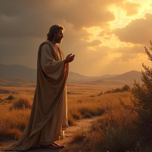 A photorealistic representation of Jesus in a serene landscape. He wears a white tunic in a green prairie. A golden sunset lights up the scene. Flowers like daisies and poppies dot the grass. Jesus gently pets a sheep. A clear stream reflects mountains. Butterflies flutter nearby. The atmosphere is peaceful. The image is in a 16:9 panoramic format.