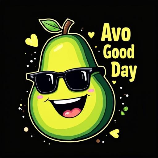 Quirky t-shirt design featuring a cartoon smile avocado wearing sunglasses. Colored in vibrant green and black. Text 'Avo Good Day' in playful bold yellow font. Design centered with transparent background in clean vector-art style and subtle pop-art shading. High-resolution for black Gildan t-shirt printing.