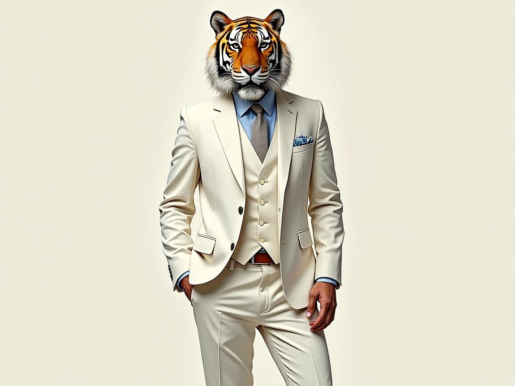 Man wears white suit with tiger head. Hands appear from trousers. Unique hybrid character concept.