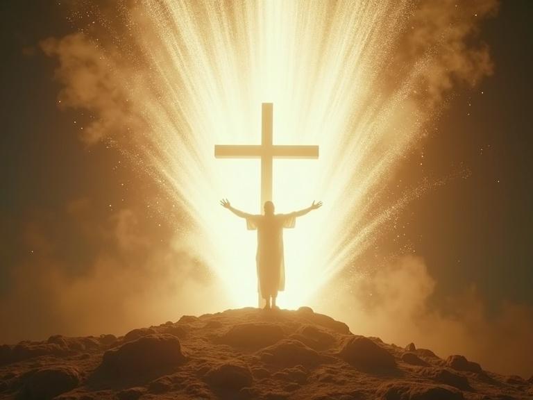 Hyper-realistic cinematic art piece depicting a cross with a burst of white light. A radiant figure made of light emerges with outstretched arms. Represents resurrection and new identity. Highly detailed and energetic setting.