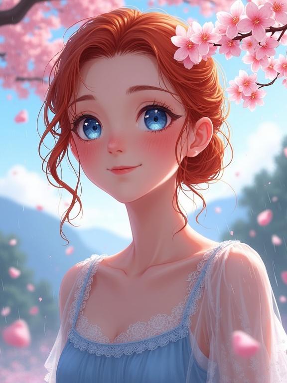 Illustration of a young woman with red hair and blue eyes. She has a gentle smile and is looking up. The woman wears a delicate blue dress with intricate lace trim. Cherry blossoms fall around her in a natural outdoor setting with mountains and trees in the background. The lighting is soft and creates a dreamy effect.