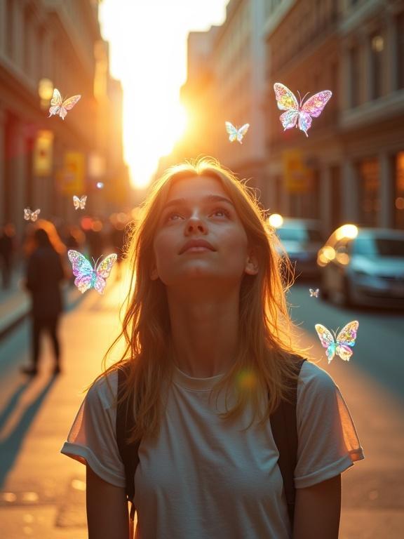 A hyperrealistic photograph features a city street during golden hour. A young person stands in an urban setting, looking up with wonder. Surrounding them are glowing, crystalline butterflies. The scene is filled with warm sunlight, showcasing detailed textures. Background features blur and city lights glow softly. The composition captures a mix of realism and fantasy with vibrant color contrasts.