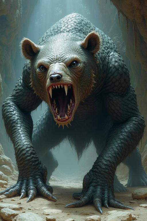 A creature emerges into light. Size of a large bear. Body covered with scales and metallic sheen. Six limbs with sharp claws scratch stone floor. Many eyes located where a muzzle should be. Eyes blink independently.
