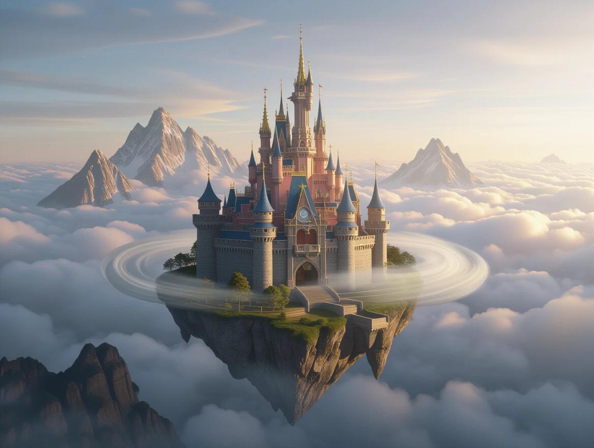 Majestic castle constructed in a fairytale style sits atop a floating island. Swirling clouds hover around the castle. Mountains loom in the background. Soft colors illuminate the castle.