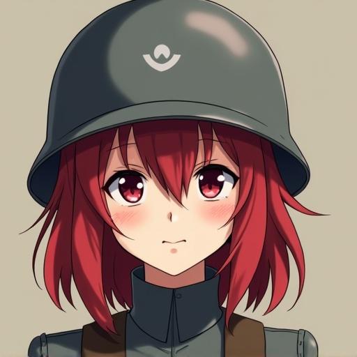 Anime girl with red hair. Character wearing gray military helmet. Design inspired by TF2. Helmet partially covering her eyes. Facial expression is gentle and inviting.