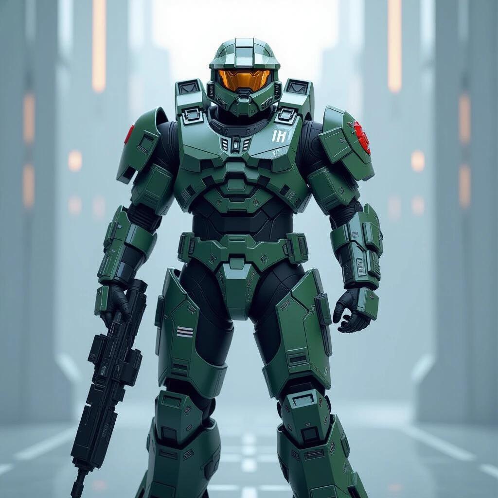 Hyper-detailed portrait of a Spartan wearing hybrid armor from Halo and Space Marines. Armor features vibrant Gundam aesthetics. Subject stands tall and symmetrical. Soft light illuminates from above, creating balanced shadows. Texture and reflections enhance the futuristic feel.
