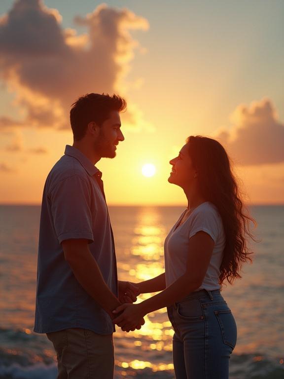 Silhouette of couple holding hands during sunset at beach